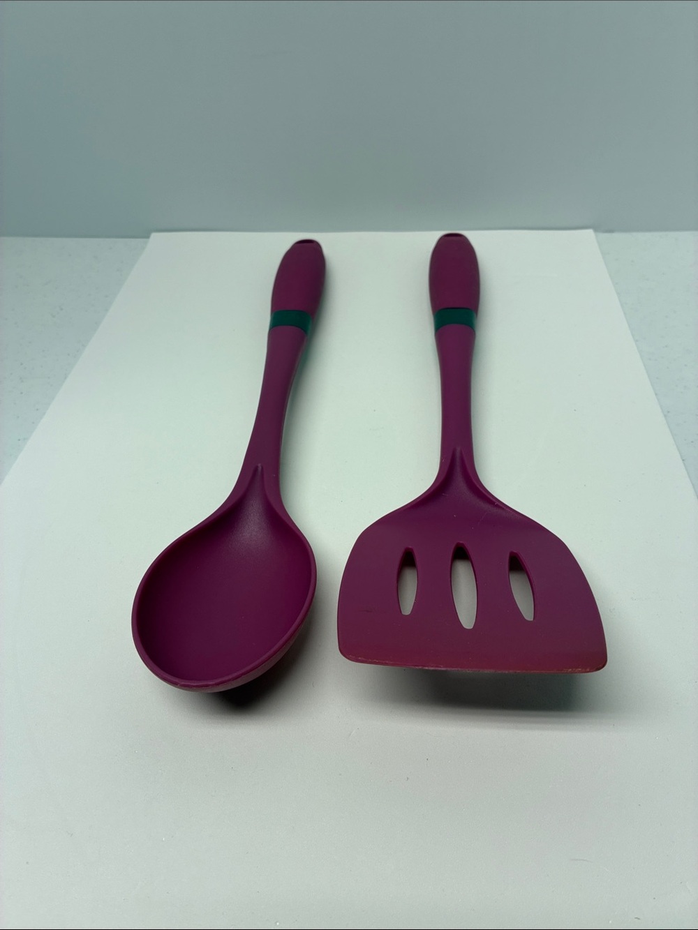 Silicone Cooking Spoon and Slotted Turner Set - Plum with Teal Accent
